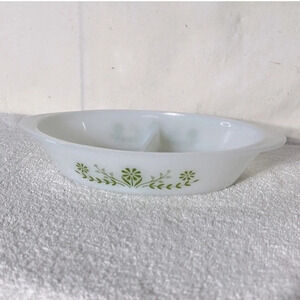 Vintage Glasbake Milk Glass Green Daisy Flower Split Oval  Casserole Dish
